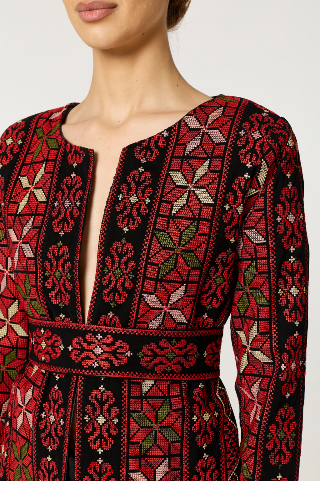 Red & Black Tatreez Jacket with Green Detail