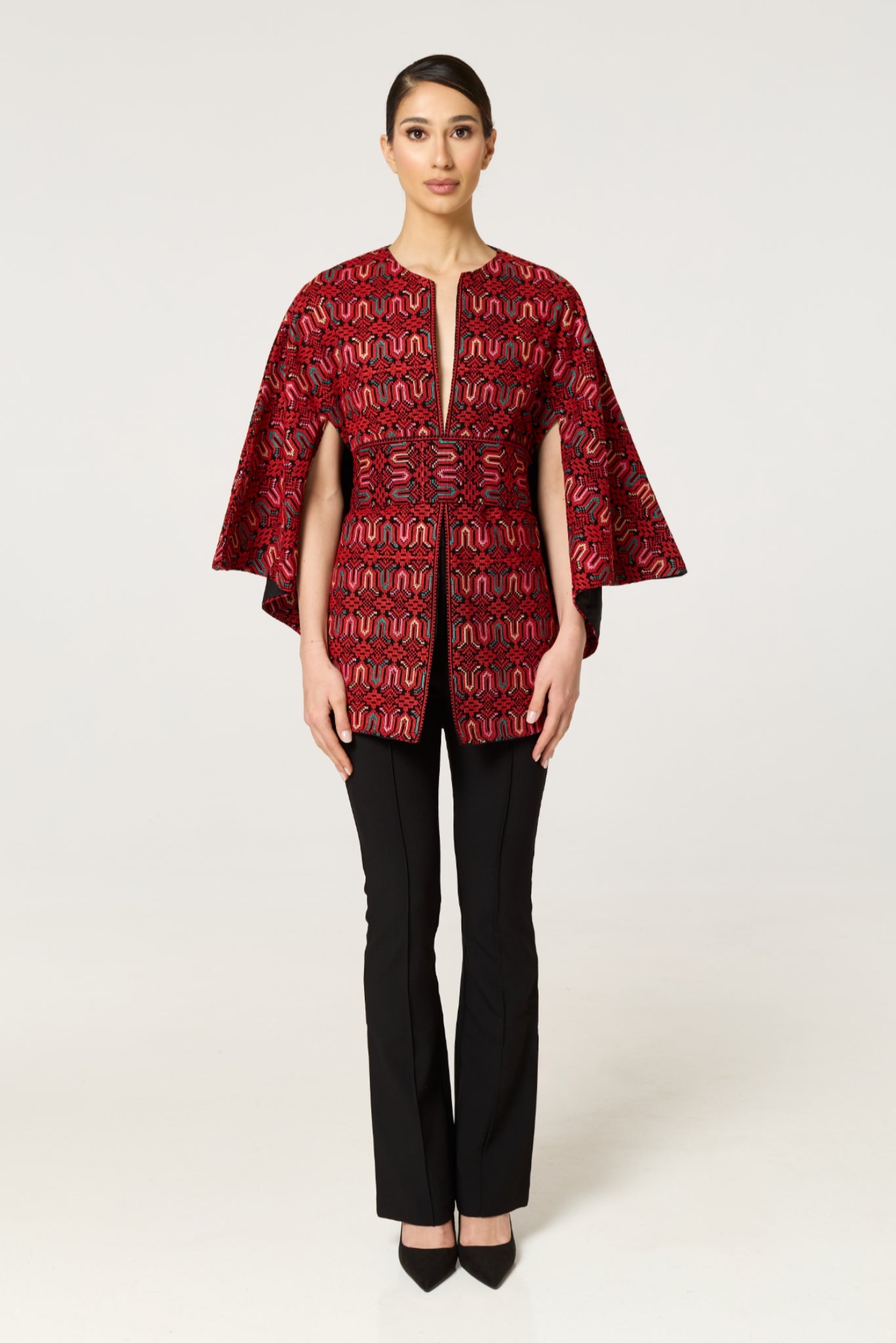 Red Multi Tatreez Cape