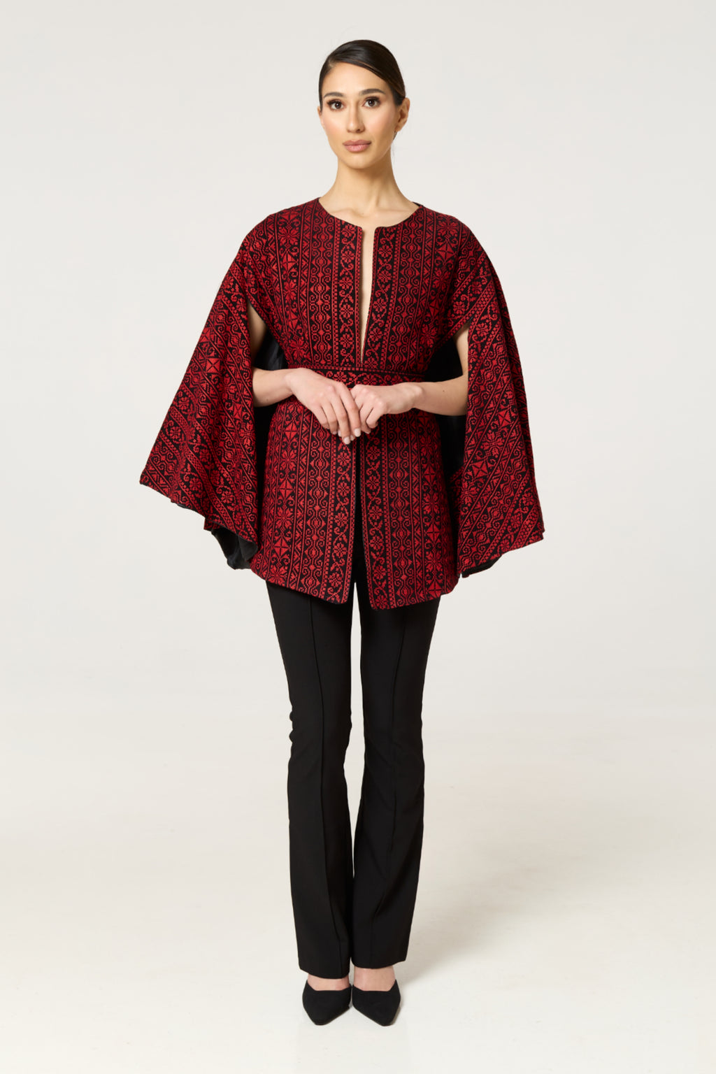 Red & Black Tatreez Cape – Light Edition