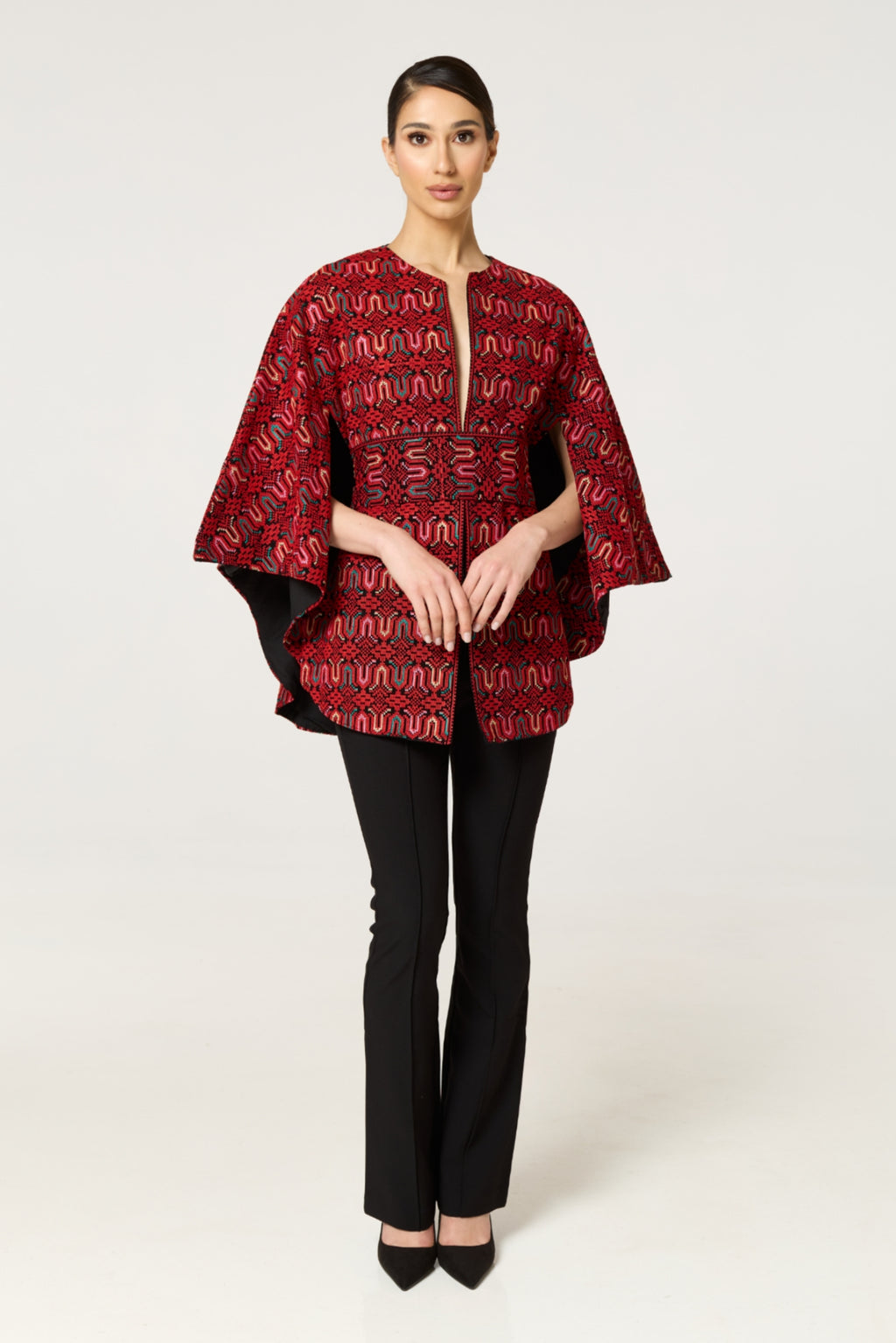 Red Multi Tatreez Cape