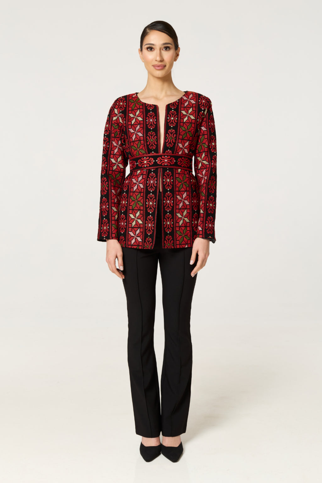 Red & Black Tatreez Jacket with Green Detail