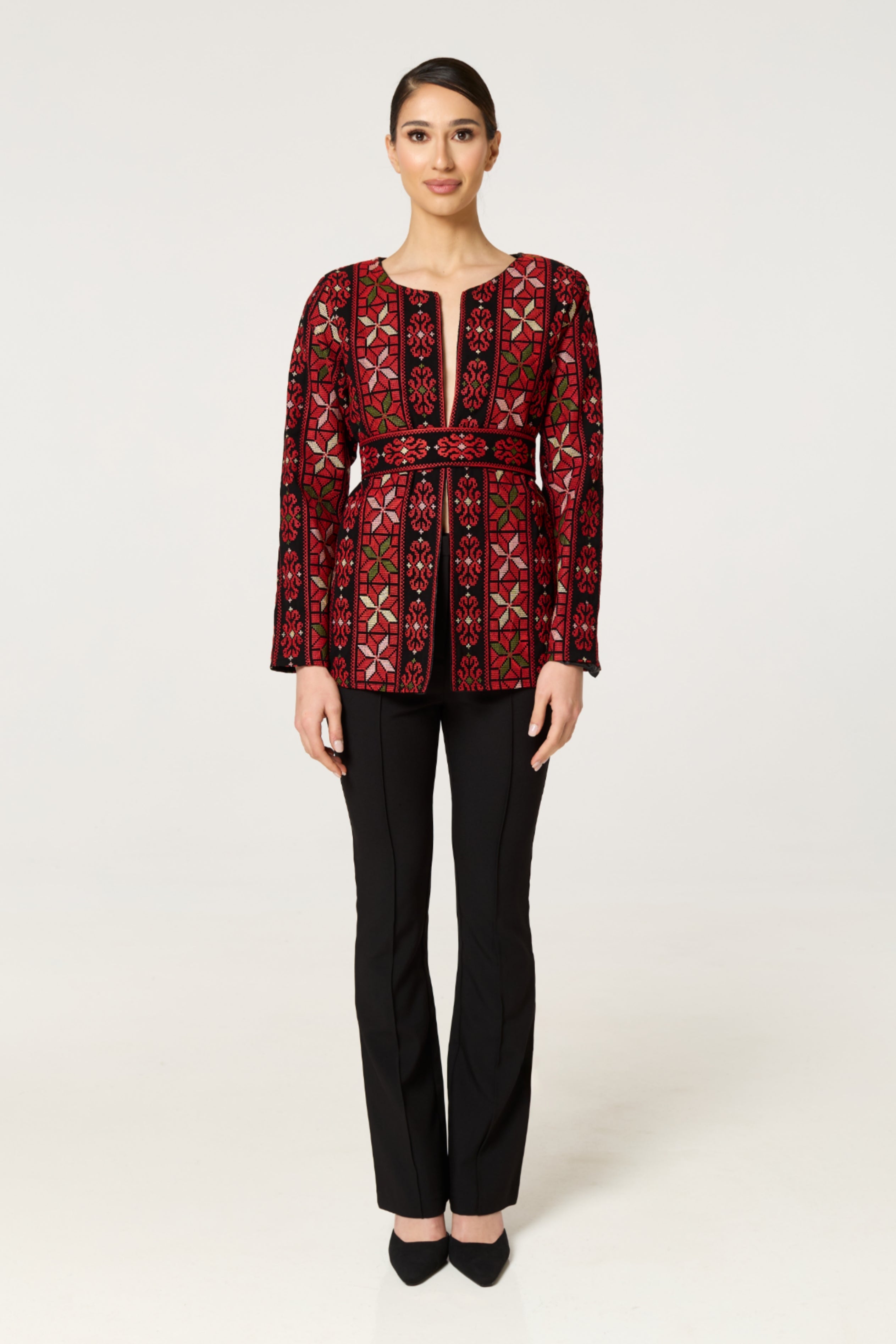 Red & Black Tatreez Jacket with Green Detail